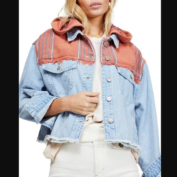 Free People Baja Mixed Media Hooded Denim Jacket - Picture 1 of 8
